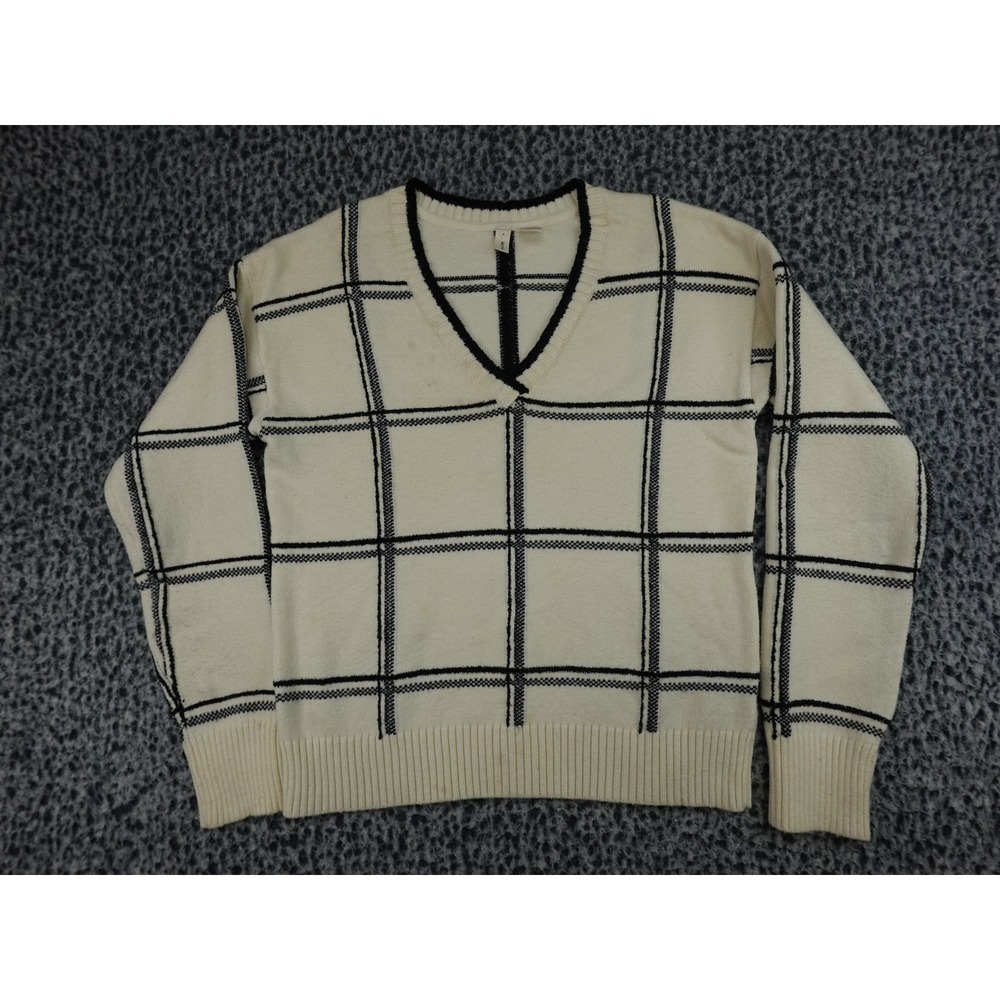 Moth Sweater Womens XS Cream Black Windowpane Grid V-Neck Anthropologie 12012